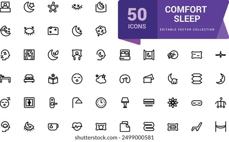 Comfort sleep icon set. Related to bed, pillow, sleepy, day dreaming, night and more icons. Minimalist thin linear web ui icon set. Simple editable vector stroke illustration.