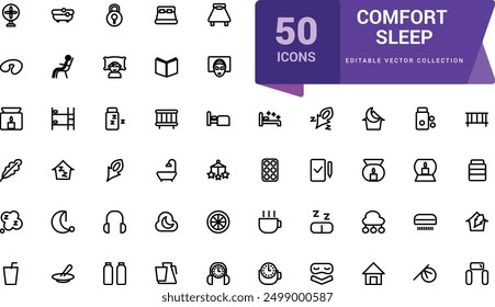 Comfort sleep icon set. Related to bed, pillow, sleepy, day dreaming, night and more icons. Minimalist thin linear web ui icon set. Simple editable vector stroke illustration.