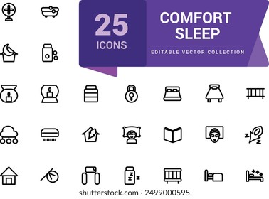 Comfort sleep icon set. Related to bed, pillow, sleepy, day dreaming, night and more icons. Minimalist thin linear web ui icon set. Simple editable vector stroke illustration.