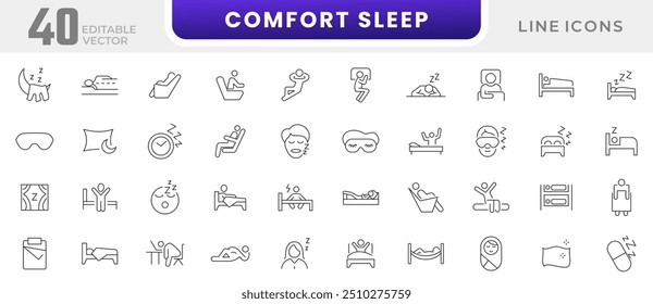 Coleção de ícones de linha de suspensão de conforto. Manhã, cama, travesseiro, sonhador, noite, cobertor e conjunto de ícones de sono profundo. Pacote de ícones da estrutura de tópicos da interface do usuário