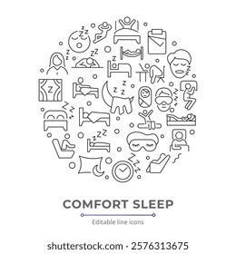 Comfort sleep line icon collection. Morning, bed, pillow, sleepy, day dreaming, night, blanket, and deep sleep icon set. UI outline icon pack
