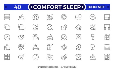 Comfort sleep outline icon set. Sleep and Bedding Comfort Line Icons – Pillow Positions, Sleeping Person, Relaxation, Bedtime and Wellness Vector Set.
