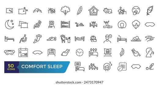 Confort dormir conjunto de iconos de contorno simple. Conjunto de iconos de línea de propiedades de almohada de manta. Colección y paquete de iconos de Web lineal y ui. Trazo editable. Ilustración vectorial