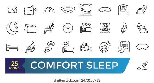 Comfort sleep simple outline icon set. Blanket pillow properties line icon set. Collection and pack of linear web and ui icons. Editable stroke. Vector illustration