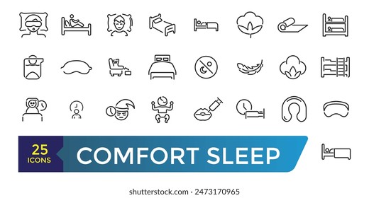 Comfort sleep simple outline icon set. Blanket pillow properties line icon set. Collection and pack of linear web and ui icons. Editable stroke. Vector illustration