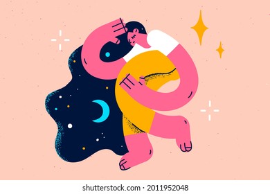 Comfort sleeping, sweet dreams concept. Smiling positive girl cartoon character sleeping at night with moon in hair with deep, sweet and healthy dreams vector illustration