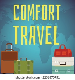 Comfort travel banner or leaflet mockup with flying airplane and luggage, flat vector illustration. Travel agency and tickets booking banner or poster design.