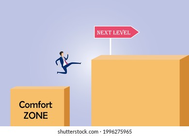 Comfort zone concept. Businessman leaving the comfort zone and jumping to next level step