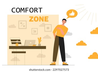 Comfort zone concept. Man leaves office. Psychology and mental health. Exit to freedom, self development. New goals and obstacles, motivation. Break your habits. Cartoon flat vector illustration