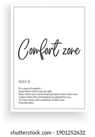 Comfort zone definition, vector. Minimalist poster design. Wall decals, comfort zone noun description. Wording Design isolated on white background, lettering. Wall art artwork. Modern poster design