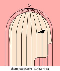 Comfort zone or self limit or inner prison psychological concept with human head silhouette in birdcage. Minimalistic vector illustration