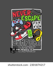 comfort zone slogan with colorful boys items vector illustration for fashion print