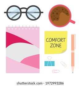 comfort zone written on yellow sticky note on tidy arranged desk - vector illustration