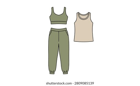 Comfortable activewear set consisting of a sports bra, matching joggers, and a sleeveless tank top in stylish olive and beige earth tones.