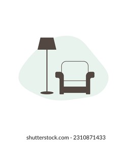 Comfortable armchair and floor lamp. Vector furniture icon. Flat design