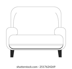 Comfortable armchair wide black and white 2D line object. Cozy home seating furniture isolated clip art vector outline item. Contemporary livingroom furnishing. Monochromatic spot illustration