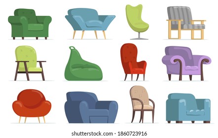 Comfortable armchairs flat set for web design. Cartoon classic and modern chairs, soft poufs isolated vector illustration collection. Furniture and apartment interior concept