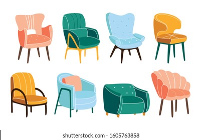 Comfortable armchairs vector bundle. Collection of stylish comfy furniture. Set of trendy scandinavian chairs isolated on white. Set of simple fashionable furniture elements. Decor for cafe, print