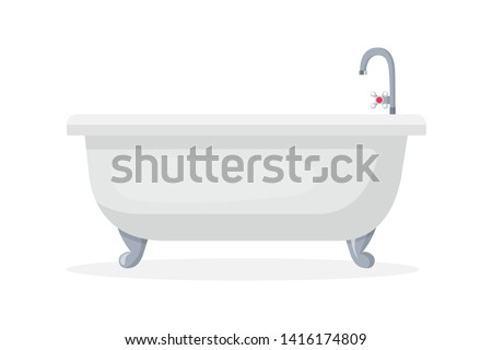 Comfortable bathtub flat vector illustration. Ceramic tub, faucet with hot water handle. Domestic spa relaxation equipment. Daily skincare, body care attribute. Washroom furniture, hygiene item
