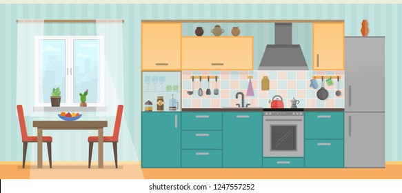 Comfortable and beautiful kitchen with a table and other furniture for cooking and eating