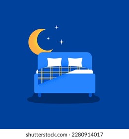 Comfortable bed with pillows for better sleep. Relaxation, healthy sleep concept. Vector flat illustration on the background.