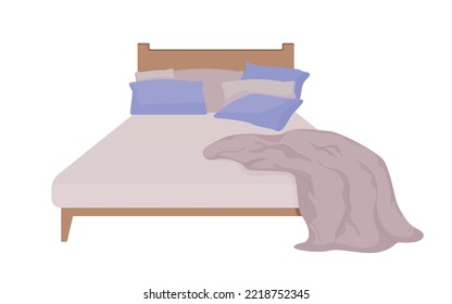 Comfortable bed with pillows and plaid semi flat color vector object. Editable element. Full sized item on white. Bedtime simple cartoon style illustration for web graphic design and animation