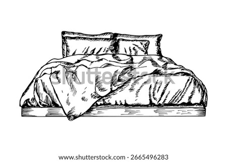 A comfortable bed with pillows sketch drawing. Bedroom items, furniture, hotel decor. Outline drawing in engraving style, hand drawn vector illustration, isolated