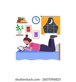 Comfortable Bed Study Setup Flat Vector Illustration