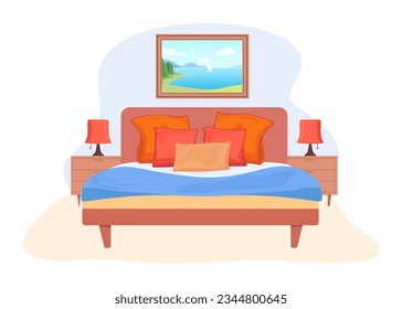 Cómodos elementos de ropa de cama en la ilustración vectorial del dormitorio. Cama acogedora con almohadas de colores, sábanas mullidas y mantas para dormir, lámparas de mesa y pintura para el ambiente. concepto de entorno de suspensión