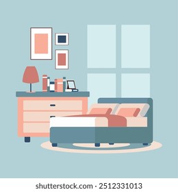 Cómodo dormitorio con una cama doble, mesitas de noche y una cálida decoración en una acogedora Ilustración vectorial