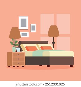 Comfortable bedroom with a double bed, bedside tables, and warm decor in a cozy setting Vector illustration