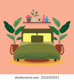 Comfortable bedroom with a double bed, green houseplant, and warm decor in a cozy setting Vector illustration