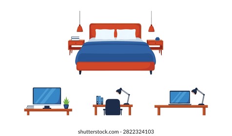 Comfortable bedroom interior elements with a double bed and various home office desks featuring computer setups.