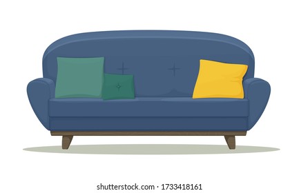 Komfortables blaues Sofa mit verschiedenen Kissen auf weißem Hintergrund. Cartoon-Abbildung. Vector-Symbol. Innenausbau