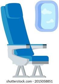 Comfortable blue seat and porthole in airplane isolated on white background. Airplane passenger place near window. Passenger seat in aircraft cabin. Furniture and equipment in plane during flight