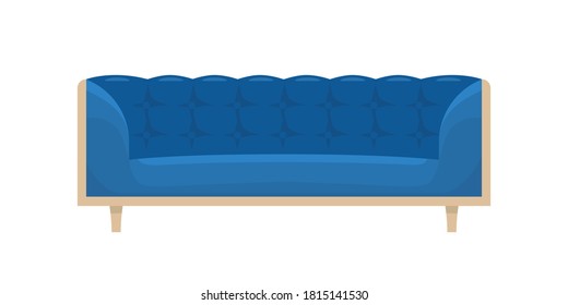 Comfortable blue sofa with armrests and wooden decor vector flat illustration. Cartoon furniture with design elements for office, living room or lounge isolated on white. Soft stylish couch for relax