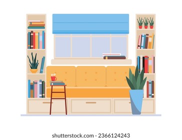 Confortable refugio de libros para relajantes ilustraciones vectoriales. Estantes con libros diferentes para la lectura, sofá mullido, mesa baja y decoración floral. Literatura, meditación, concepto de autoexpresión