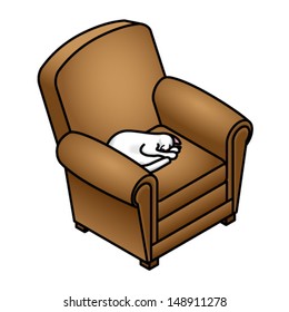 A comfortable brown armchair with a sleeping white cat.