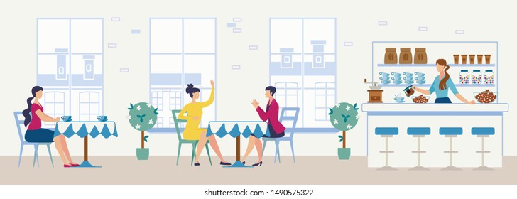 Comfortable Cafeteria, Bakery with Tea Bar of Coffee Shop Flat Vector Interior Clients Talking and Drinking Tea at Table, Female Bartender Standing at Bar Desk, Pouring Coffee in Cup Illustration