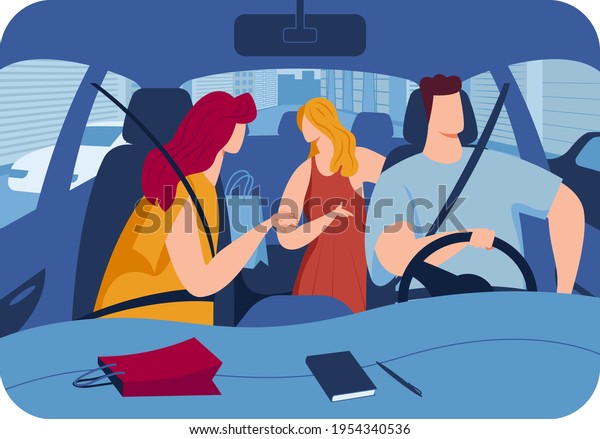 Comfortable car, male experienced driver,\
city trip, ride inside vehicle, people drive by car, cartoon style\
vector\
illustration.