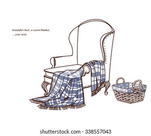 A comfortable chair and a blanket, vector sketch.