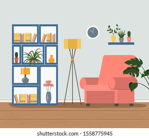 Cómodo sillón, biblioteca y plantas de la casa. Ilustración plana del vector