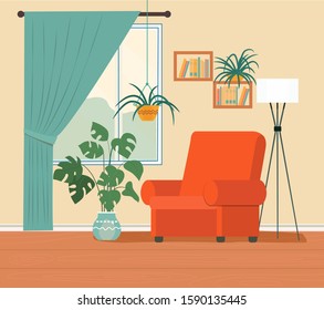 Comfortable chair, bookcase, window and house plants. Vector flat illustration