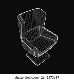 A comfortable chair with a curved back and armrests, featuring a neutral fabric seat in a detailed 3D wireframe model. The white chair stands out against the stark black background