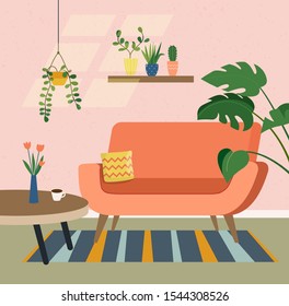 Comfortable chair and house plants. Vector flat illustration