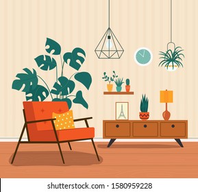 Comfortable chair and house plants. Vector flat illustration