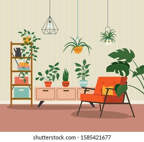 Comfortable chair and house plants. Vector flat illustration