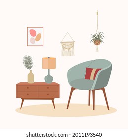 Comfortable chair, lamp and house plants. Scandinavian interior. Vector flat cartoon illustration