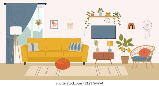 Sillón cómodo, lámpara y plantas de la casa. Interior escandinavo. Ilustración de dibujos animados planos vectoriales