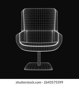 A comfortable chair rendered as a detailed 3D wireframe model, showcasing its realistic structure and design on a sleek black background. The clean lines and transparent framework highlight the.